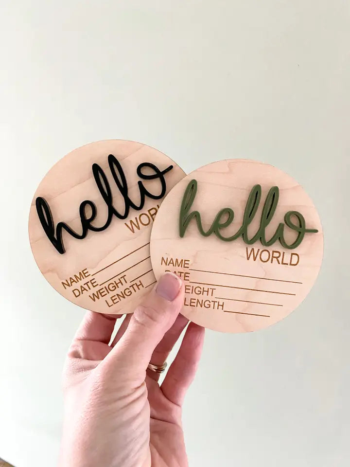 Hello World Birth Stat Announcement Wood Disc - Layered 3D