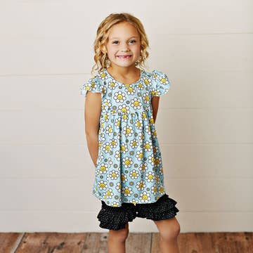 Kids Blue Retro Smiley Daisy Ruffle Spring Summer Short Set