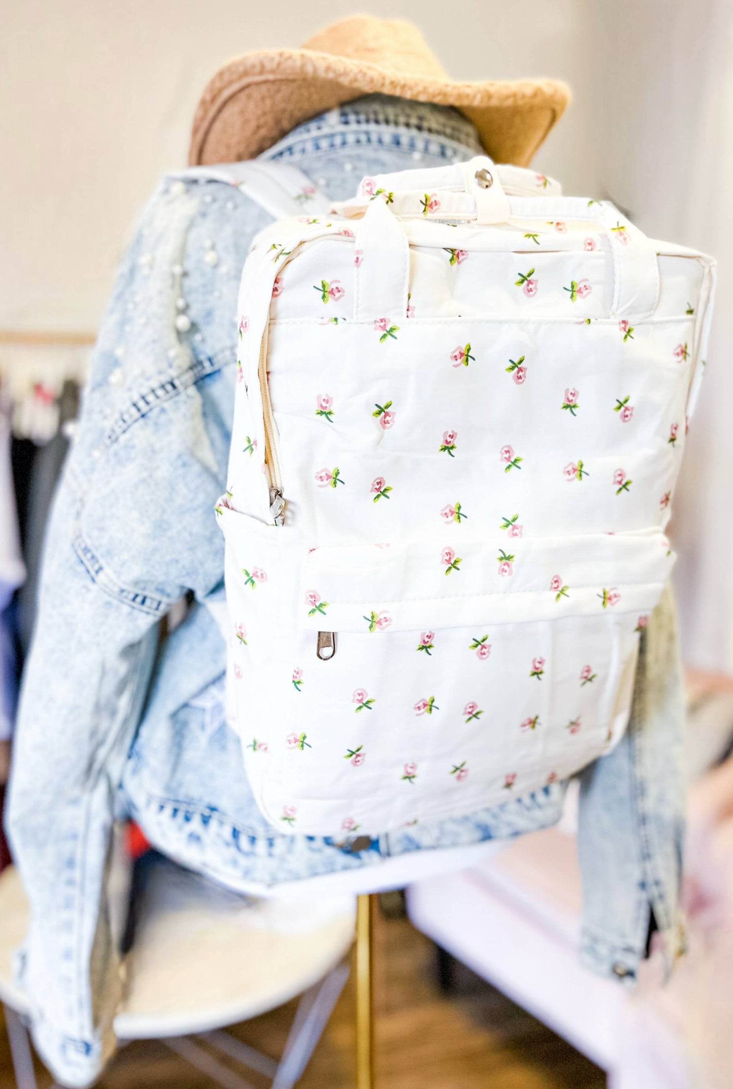 Cream Rose Print Backpack