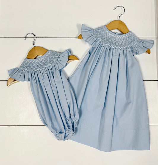 Catherine Pearl Smocked Bubble - Blue