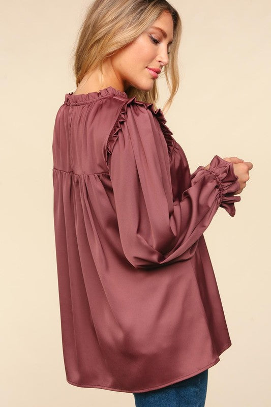 Chestnut Mock Neck Satin Blouse