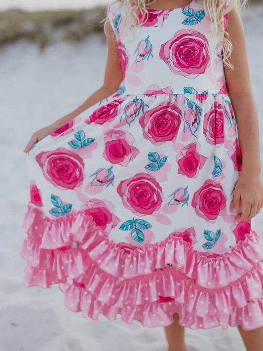 Kids Pink Rose 3 Ruffle Summer Dress